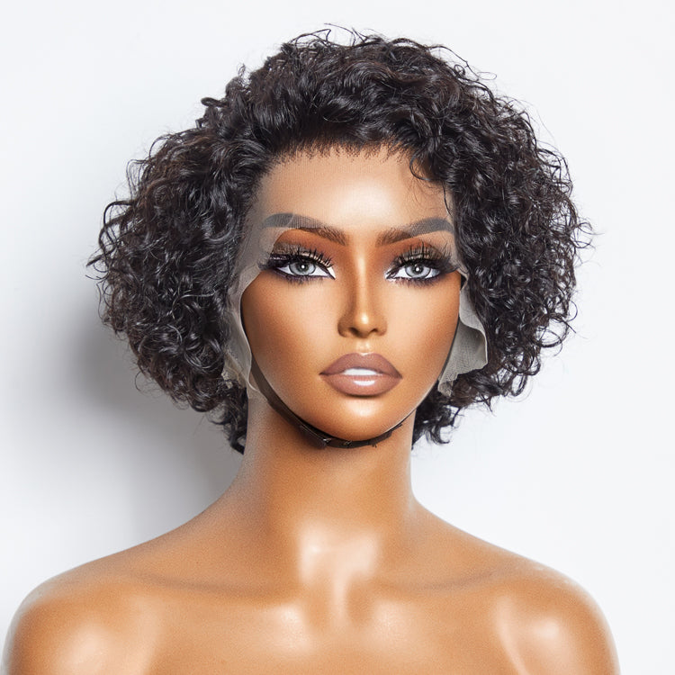 TedHair 8 inch Short Curly Pixie Cut 13"x4" Frontal Lace Wig Pre-Bleached Knots Brazilian Human Virgin Hair 150% Density
