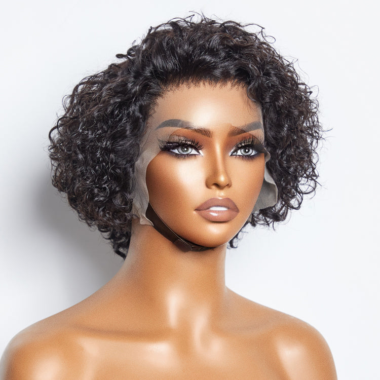 TedHair 8 inch Short Curly Pixie Cut 13"x4" Frontal Lace Wig Pre-Bleached Knots Brazilian Human Virgin Hair 150% Density