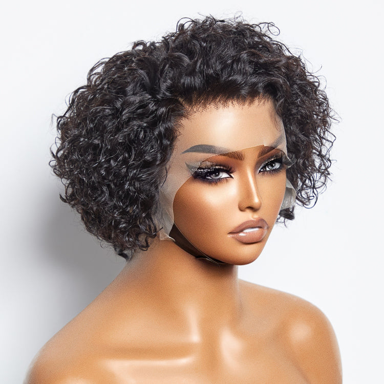 TedHair 8 inch Short Curly Pixie Cut 13"x4" Frontal Lace Wig Pre-Bleached Knots Brazilian Human Virgin Hair 150% Density