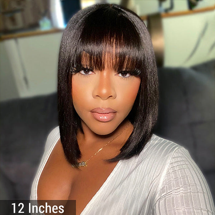 TedHair 12 Inch Realistic Yaki Straight Bob With Bangs 2x1 Minimalist Lace Wig 150% Density