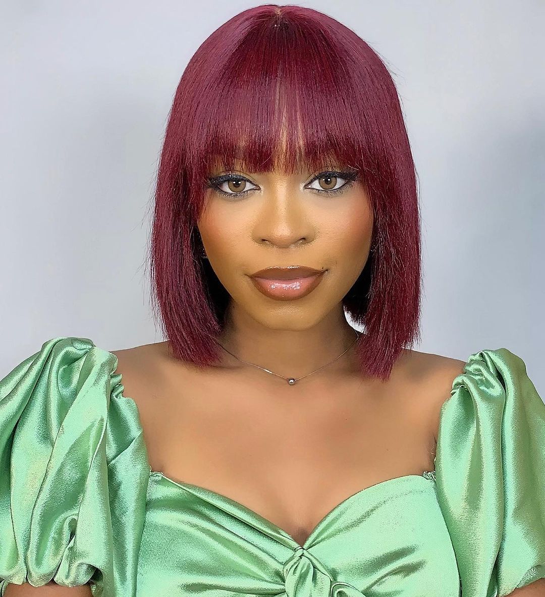 TedHair 10 Inches Reddish Purple Layered Cut Yaki Straight #99J Lace Bob Wig With Bangs