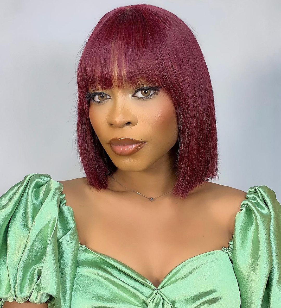 TedHair 10 Inches Reddish Purple Layered Cut Yaki Straight #99J Lace Bob Wig With Bangs