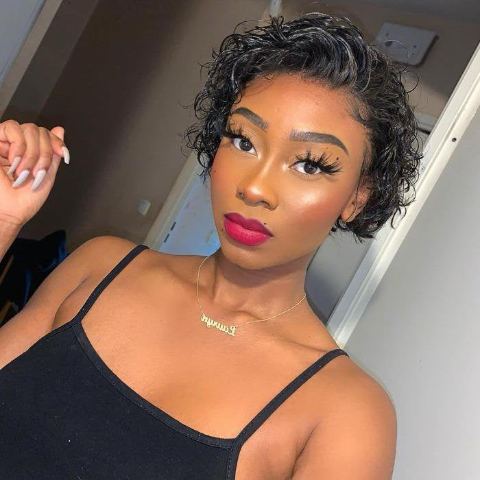 TedHair 8 inch Short Curly Pixie Cut 13"x4" Frontal Lace Wig Pre-Bleached Knots Brazilian Human Virgin Hair 150% Density