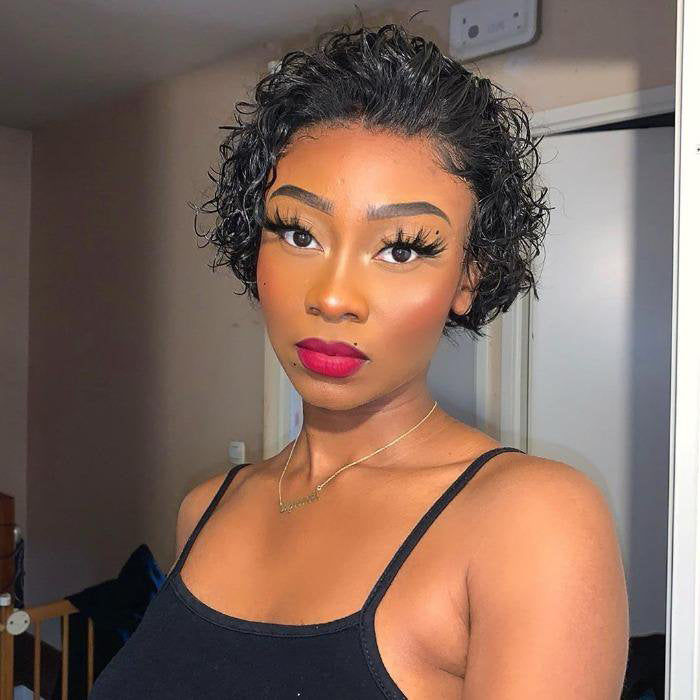 TedHair 8 inch Short Curly Pixie Cut 13"x4" Frontal Lace Wig Pre-Bleached Knots Brazilian Human Virgin Hair 150% Density
