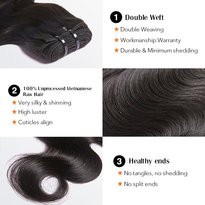 TedHair 18-30 Inches Raw Vietnam Hair Bundles Body Wavy #1B Natural Black