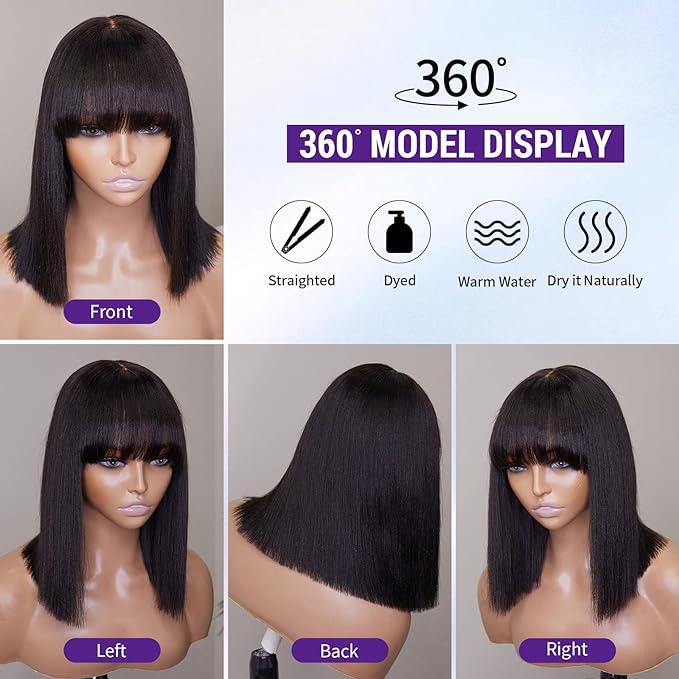 TedHair 12 Inch Realistic Yaki Straight Bob With Bangs 2x1 Minimalist Lace Wig 150% Density
