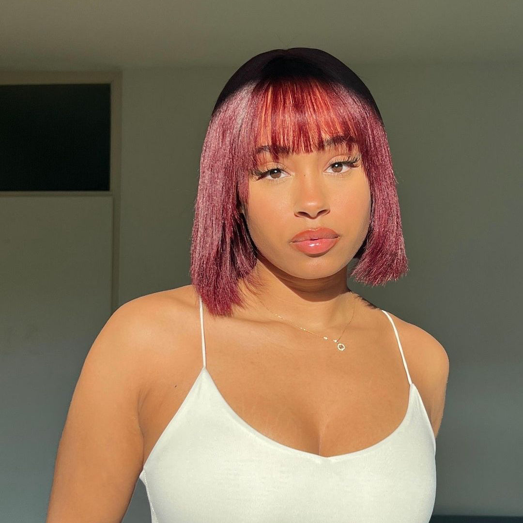 TedHair 10 Inches Reddish Purple Layered Cut Yaki Straight #99J Lace Bob Wig With Bangs