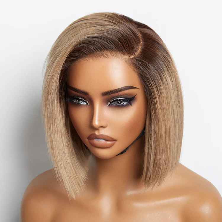 TedHair 8 inch Ash Blonde Ombre Blunt Cut Bob Glueless Minimalist HD Lace Ready to Go Short Bob Wig