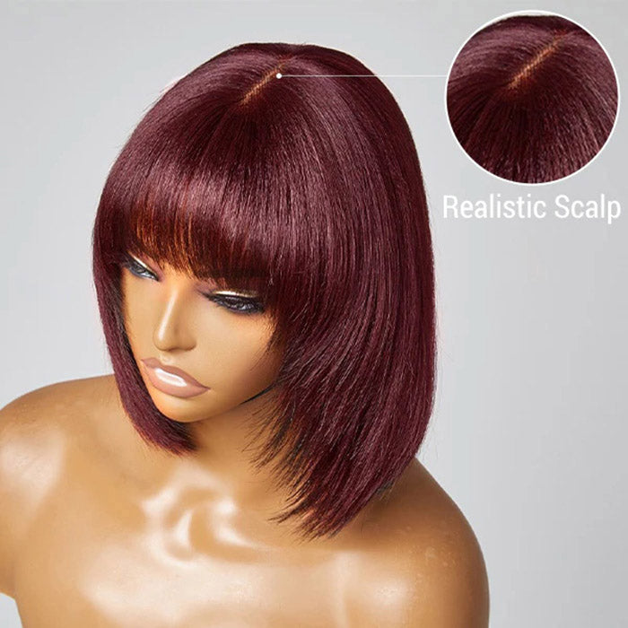 TedHair 10 Inches Reddish Purple Layered Cut Yaki Straight #99J Lace Bob Wig With Bangs