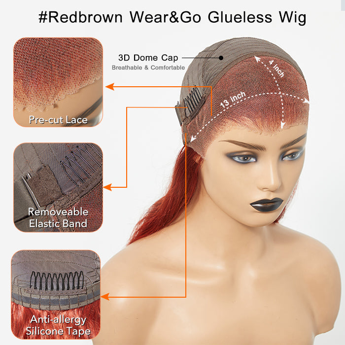 Tedhair 24 Inches 13"x4" Body Wavy Wear & Go Glueless #Redbrown Lace Frontal Wig-100% Human Hair