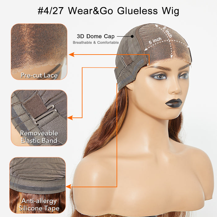 Tedhair 24 Inches 5"x5" Body Wavy Wear & Go Glueless #4/27 Lace Closure Wig-100% Human Hair