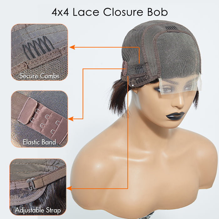 TedHair 8 Inches 4"x4" Natural Black Straight Bob Side Part Lace Closure Wig-100% Human Hair