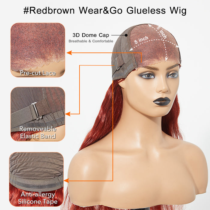 Tedhair 24 Inches 5"x5" Body Wavy Wear & Go Glueless #Redbrown Lace Closure Wig-100% Human Hair