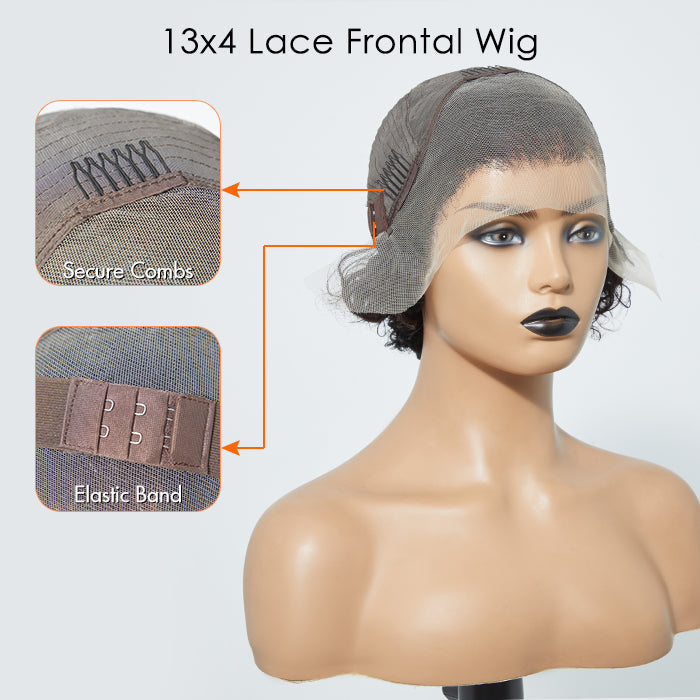 TedHair 8 inch Short Curly Pixie Cut 13"x4" Frontal Lace Wig Pre-Bleached Knots Brazilian Human Virgin Hair 150% Density