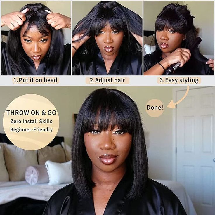 TedHair 12 Inch Realistic Yaki Straight Bob With Bangs 2x1 Minimalist Lace Wig 150% Density