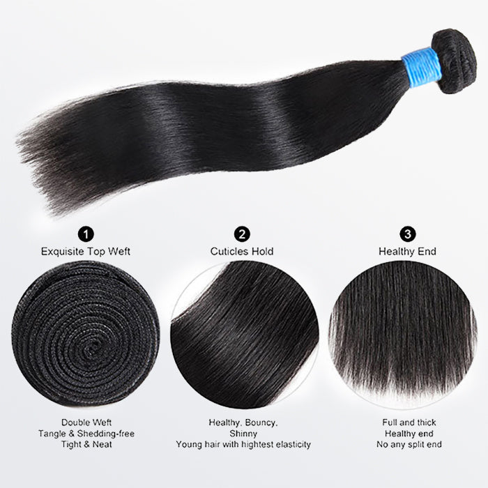 TedHair 10-36 Inch Straight Virgin Brazilian Hair #1B Natural Black