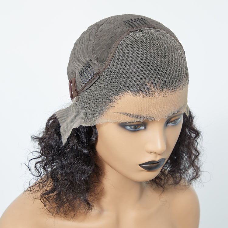 TedHair 12/14 Inches 13"x4" Natural Black Water Wavy Bob 3D Transparent Lace Frontal Wig-100% Human Hair