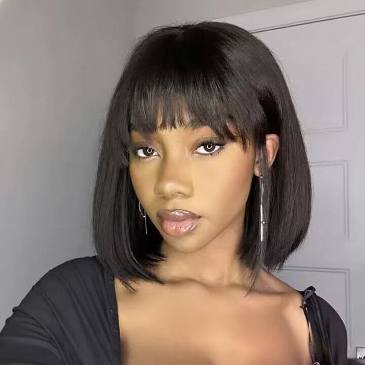 TedHair 12 Inch Realistic Yaki Straight Bob With Bangs 2x1 Minimalist Lace Wig 150% Density