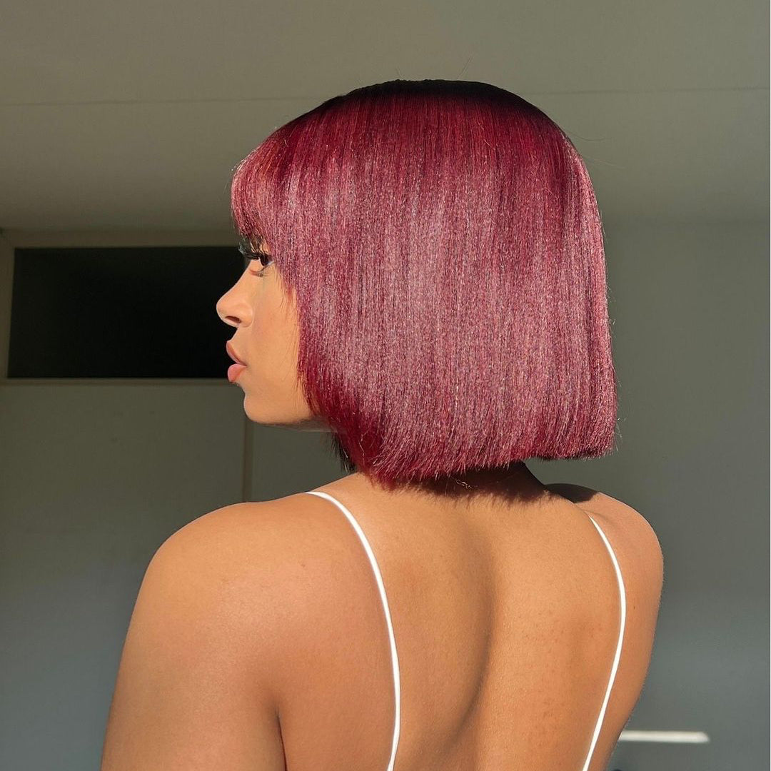 TedHair 10 Inches Reddish Purple Layered Cut Yaki Straight #99J Lace Bob Wig With Bangs