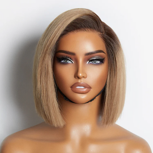 TedHair 8 inch Ash Blonde Ombre Blunt Cut Bob Glueless Minimalist HD Lace Ready to Go Short Bob Wig